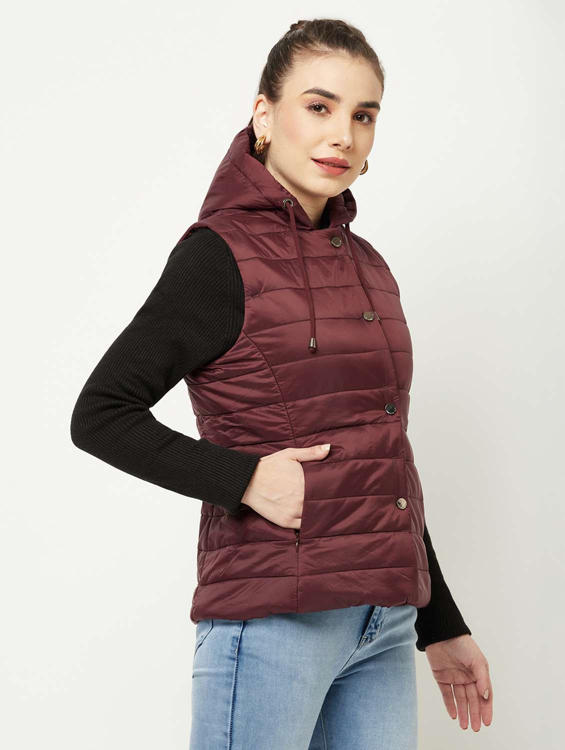 women burgundy solid sleeveless quilted jacket - 18739041 -  Standard Image - 1