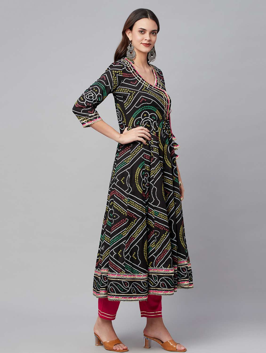 women three quarter sleeve anarkali kurta pant with dupatta set - 18739078 -  Standard Image - 1