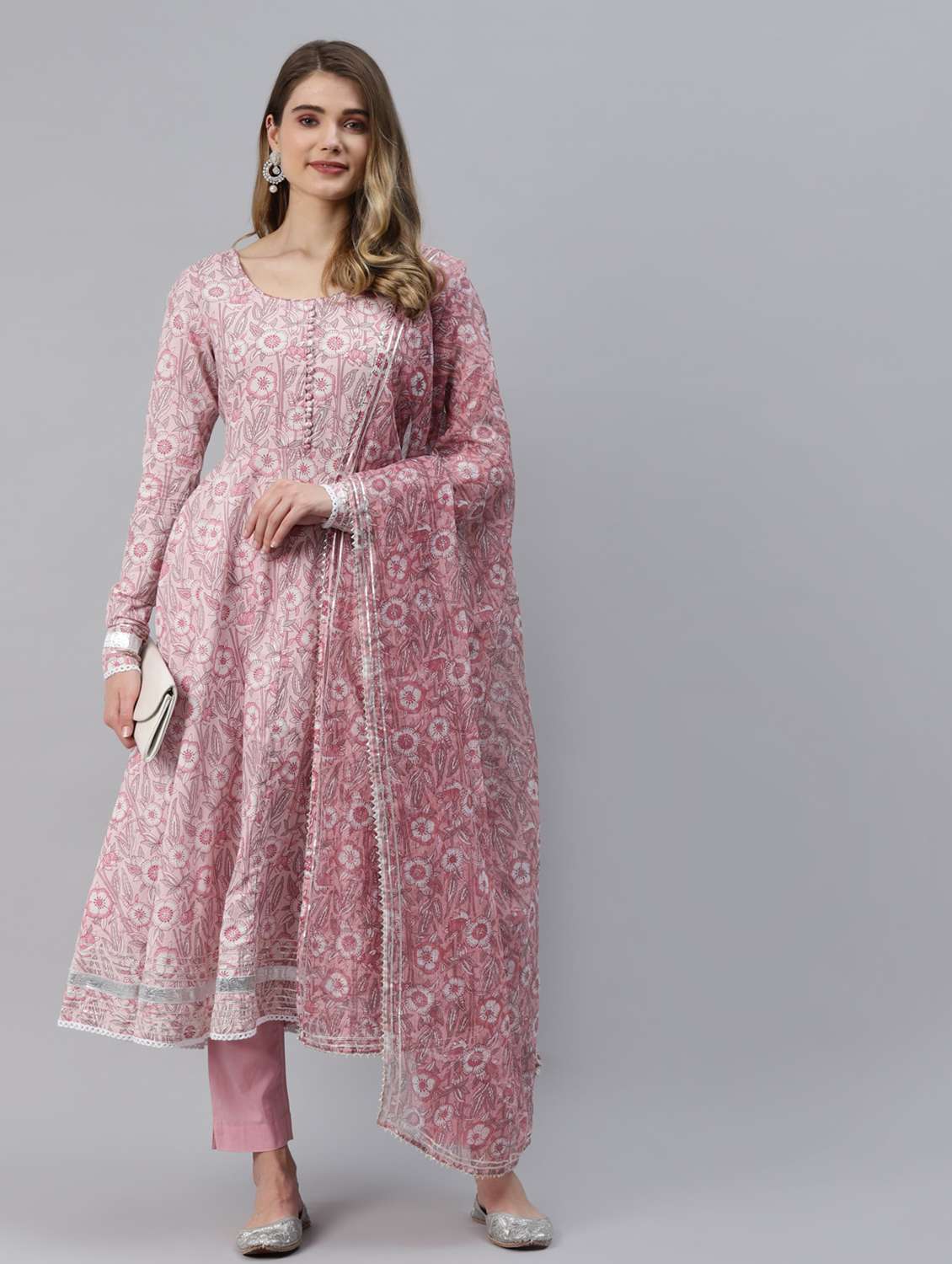 women pink long sleeve anarkali kurta pant with dupatta set