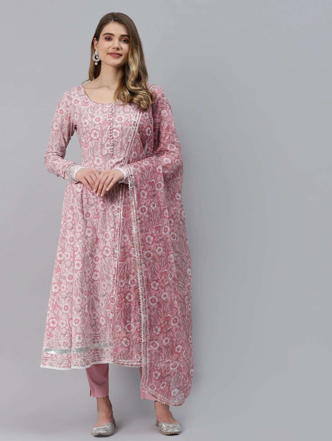 women pink long sleeve anarkali kurta pant with dupatta set - 18739082 -  Standard Image - 1