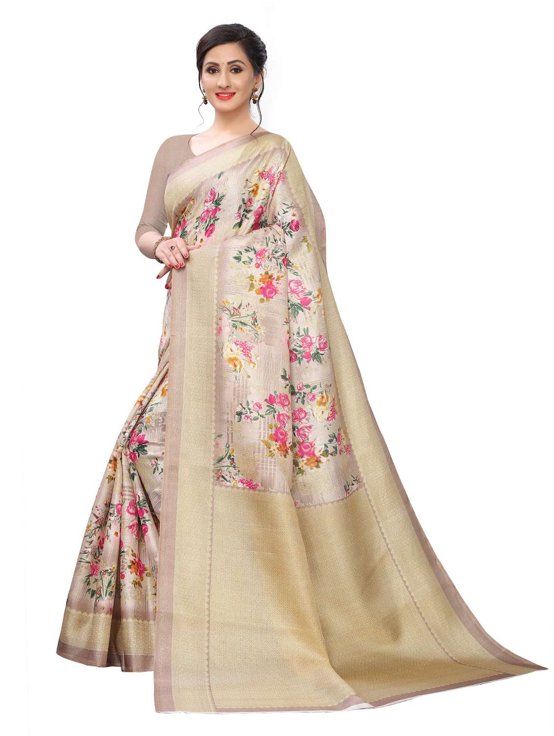 zari bordered floral designed saree with blouse - 18739396 - Standard Image - 1