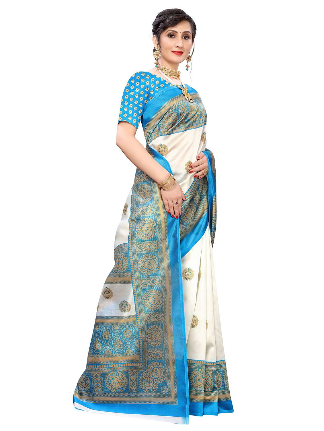 golden bordered printed saree with blouse - 18739404 -  Standard Image - 1