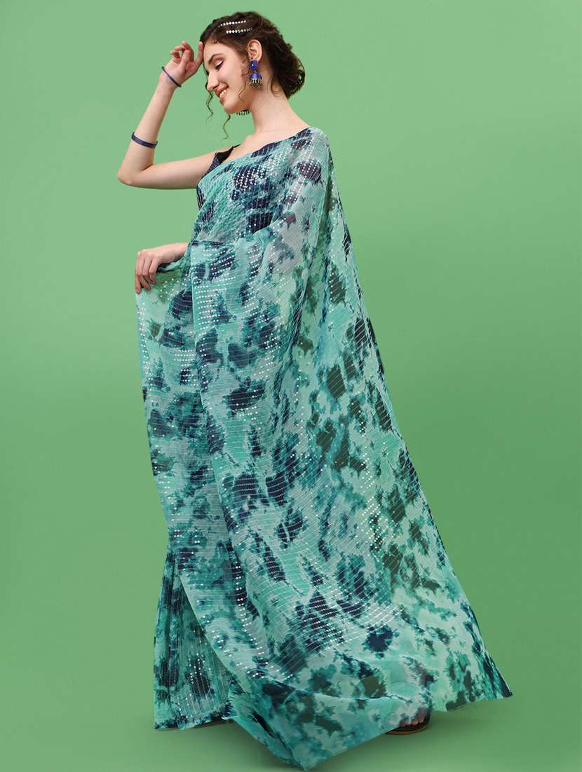 women's printed ai aqua colored saree with blouse - 18743543 - Standard Image - 1
