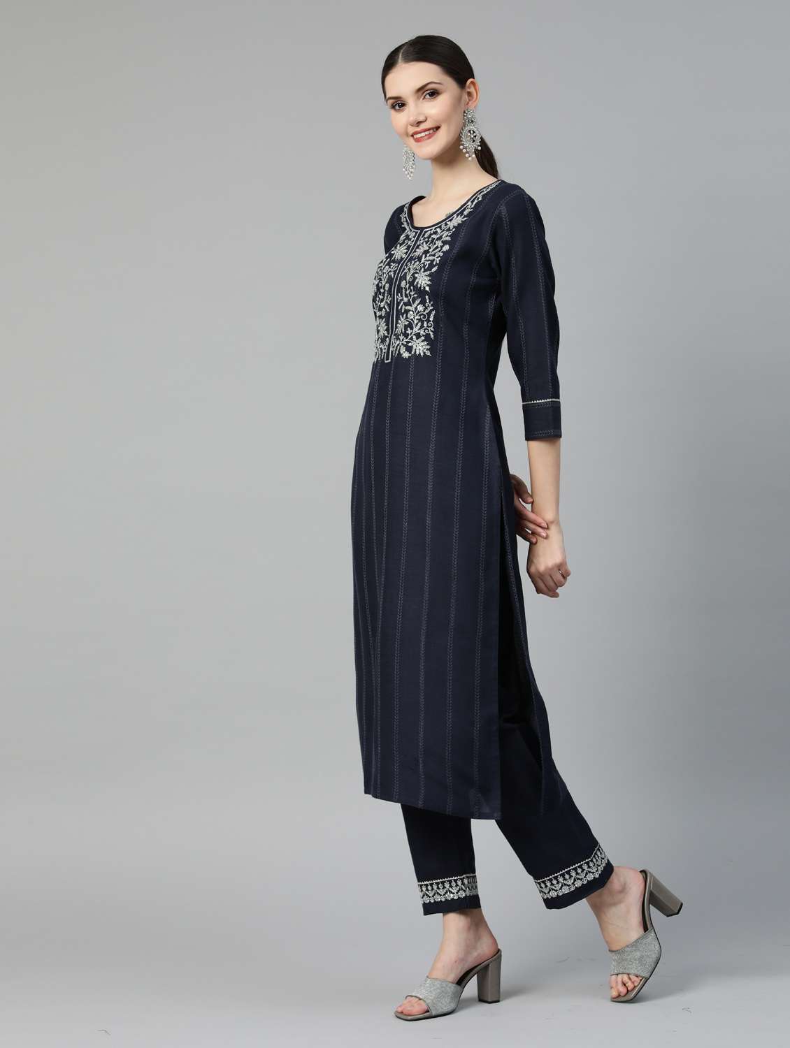 women navy blue self design kurta pant set - 18743700 -  Standard Image - 1