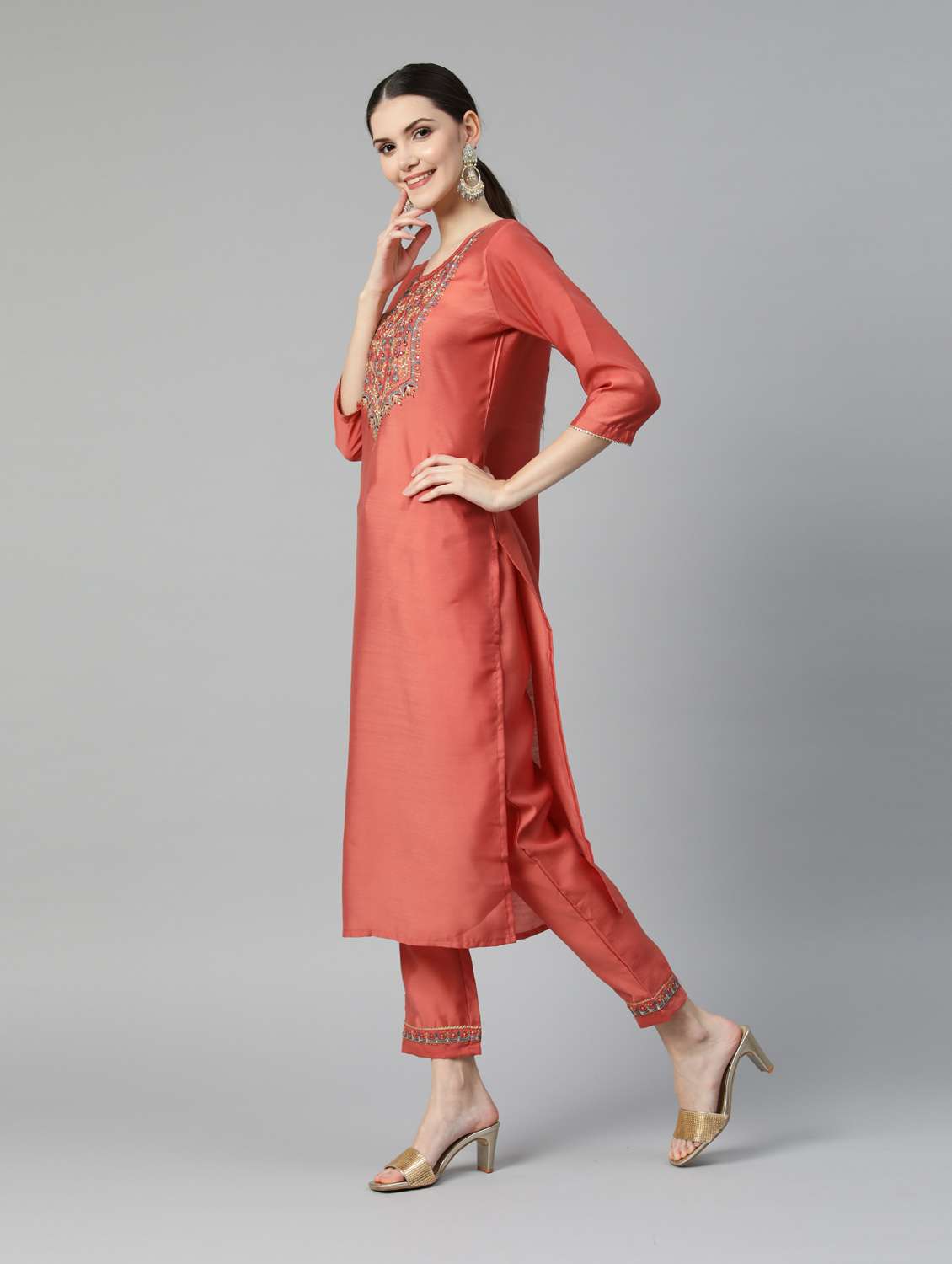 women peach round neck kurta pant set - 18743713 - Standard Image - 1