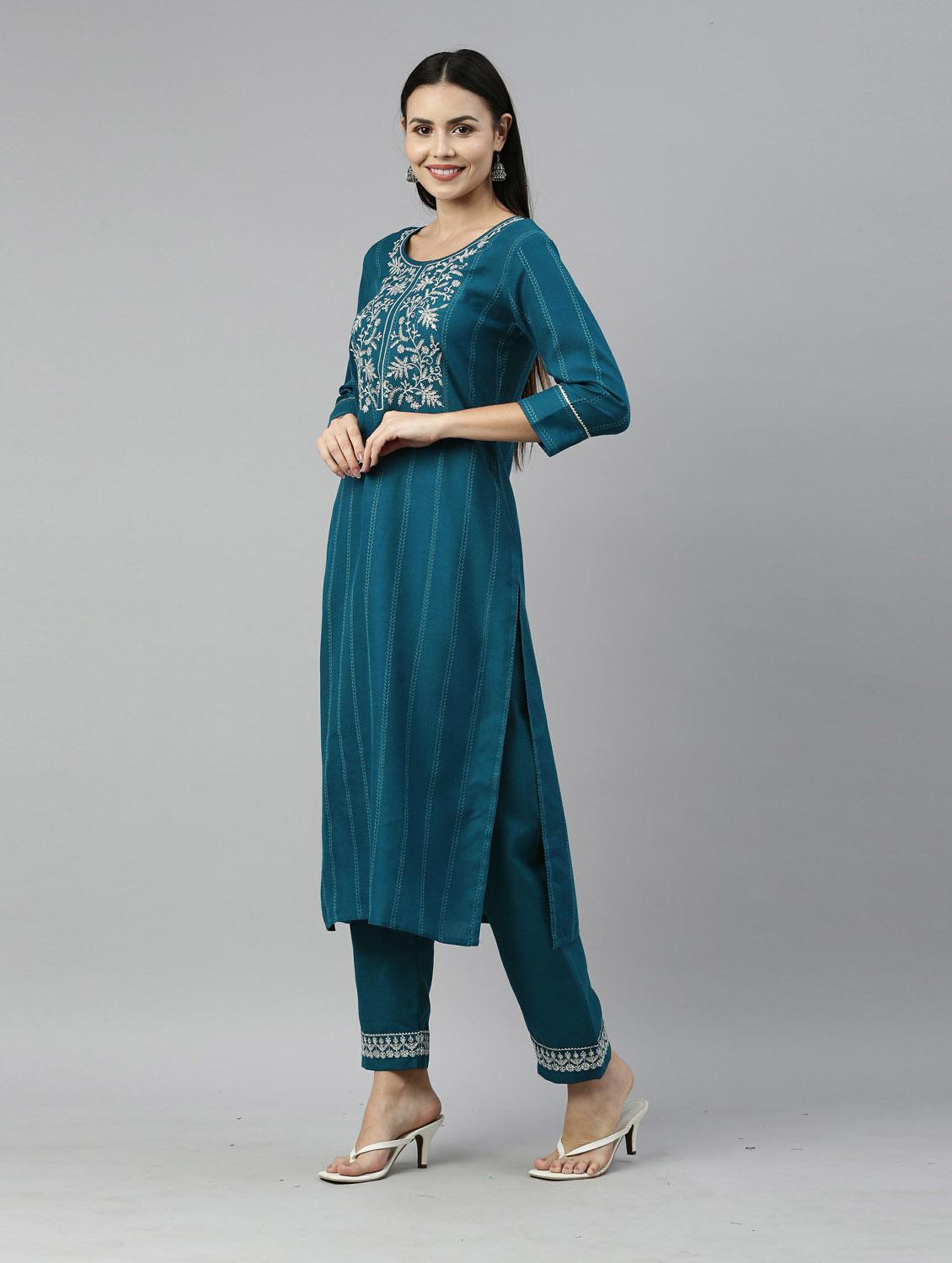 teal kurta pant set with dupatta - 18743777 -  Standard Image - 1