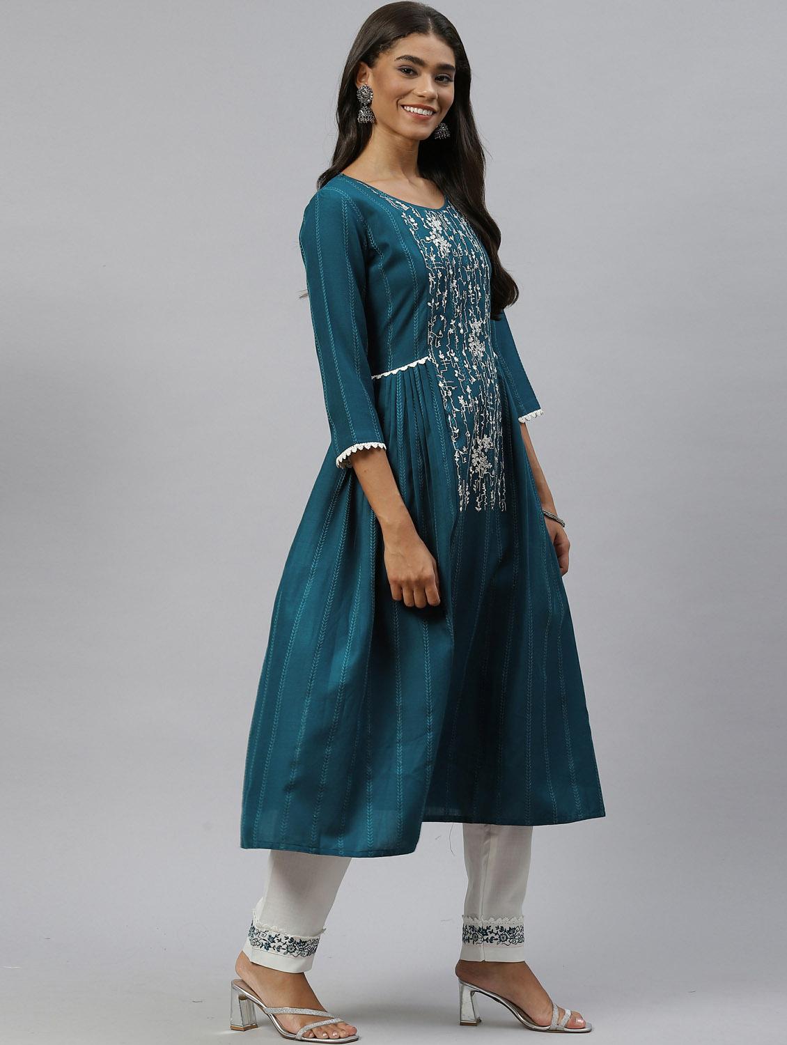 teal kurta pant set with dupatta - 18743787 -  Standard Image - 1