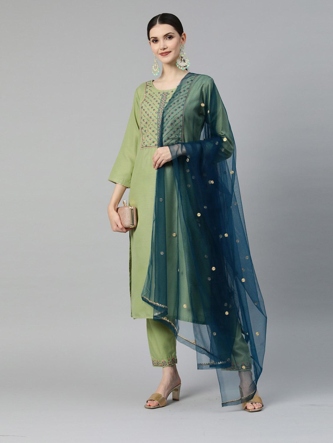 green kurta pant set with dupatta