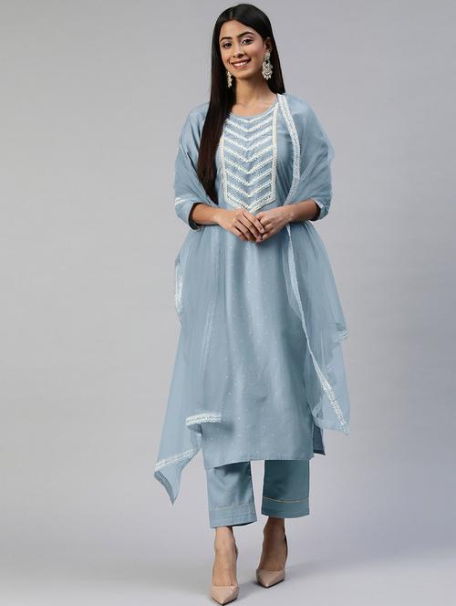 grey kurta pant set with dupatta - 18743808 - Standard Image - 0