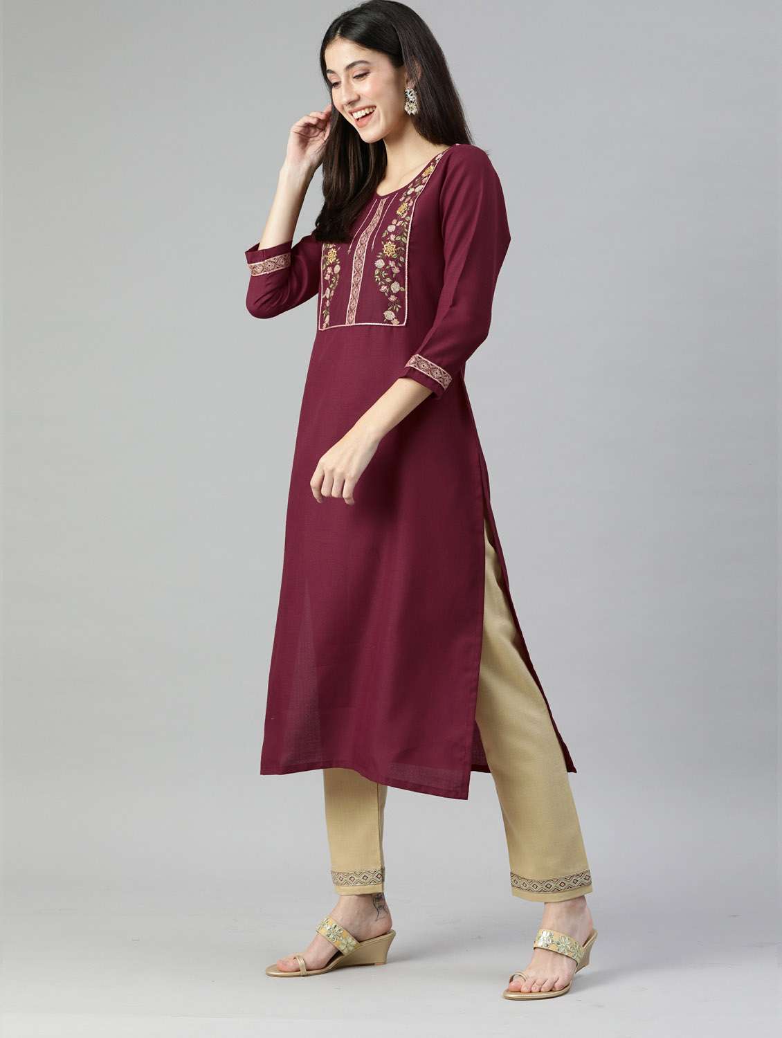 burgundy kurta pant set with dupatta - 18743813 -  Standard Image - 1