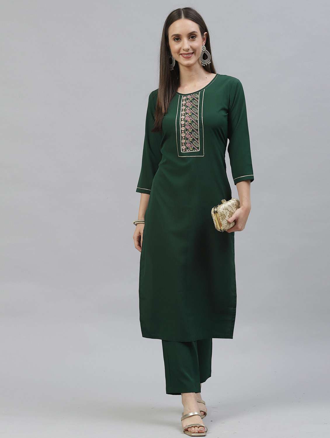 green crepe kurta pant  set - 18743823 -  Zoom Image - 0
