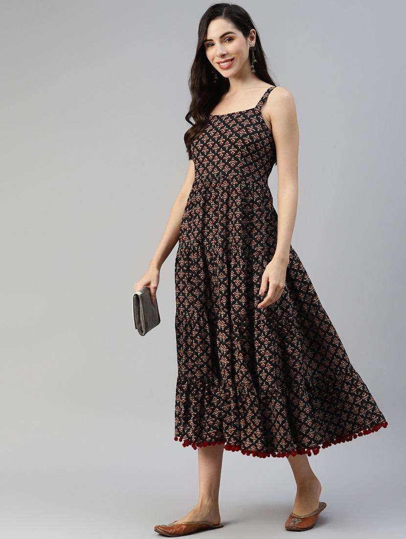 black printed tiered ethnic dress - 18750813 -  Standard Image - 4