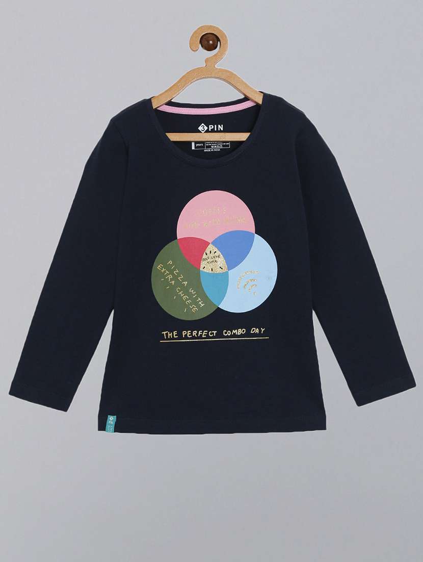 dark blue printed round neck t-shirt