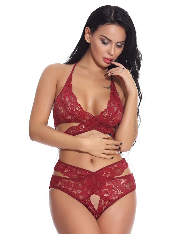 maroon lace bras and panty set - 18752938 - Standard Image - 1