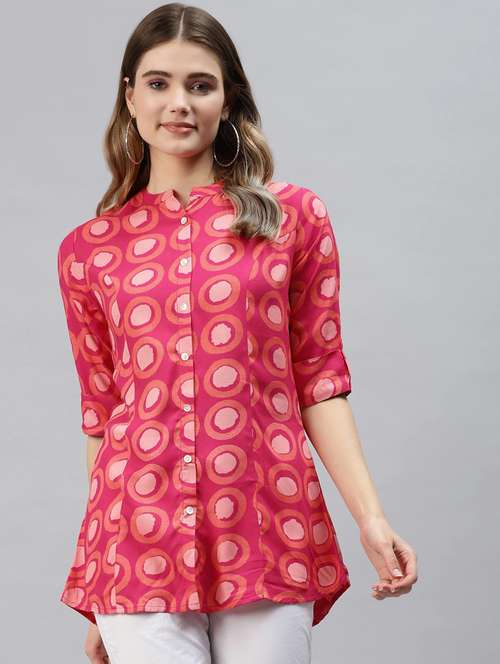 pink printed mandarin neck a line tunic - 18754191 - Standard Image - 0