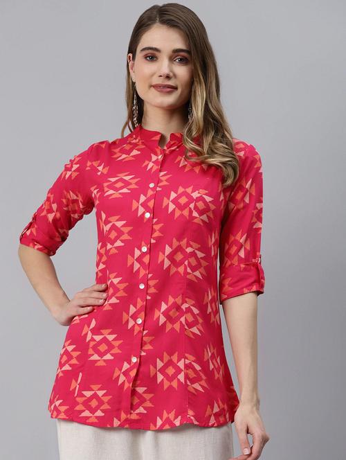 pink printed mandarin a line kurti - 18754192 - Standard Image - 0