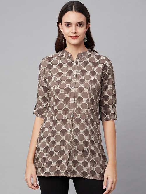 brown mandarin neck printed tunic - 18754195 - Standard Image - 0