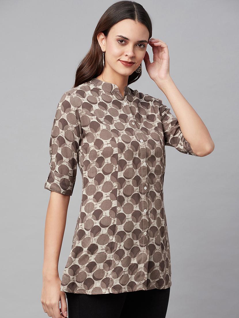 brown mandarin neck printed tunic - 18754195 -  Standard Image - 1