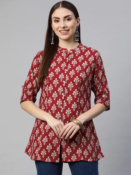 red printed mandarin neck a line tunic - 18754199 -  Standard Image - 0