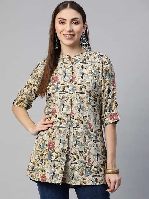 beige mandarin neck flora printed a-line tunic - 18754200 - Standard Image - 0