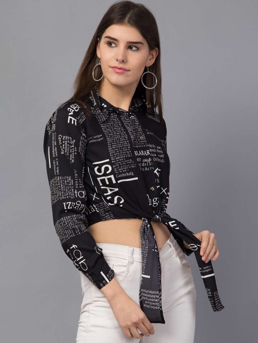 tie front news paper print crop top - 18757272 - Standard Image - 1