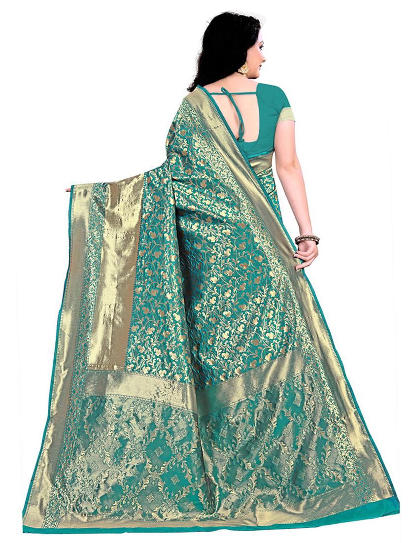 turquoise blue banarasi saree with blouse - 18758536 - Standard Image - 1