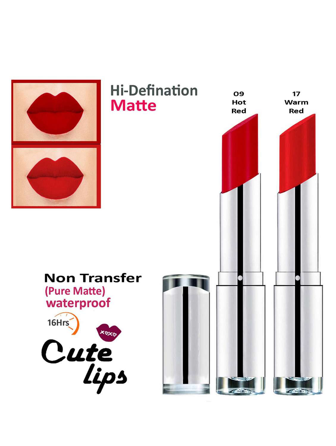 b.berry cute lips non transfer matte lipstick 2.4 gm each - 09 hot red 17 warm red