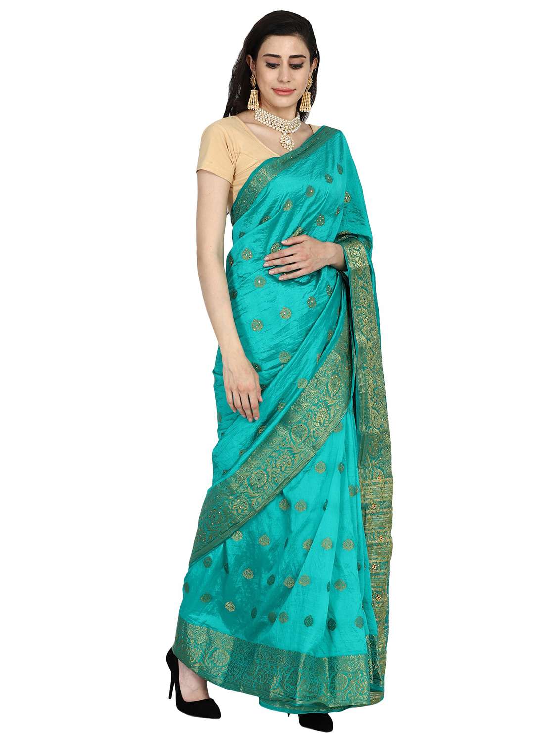 women's self design turquoise colored saree with blouse - 18789546 -  Standard Image - 1