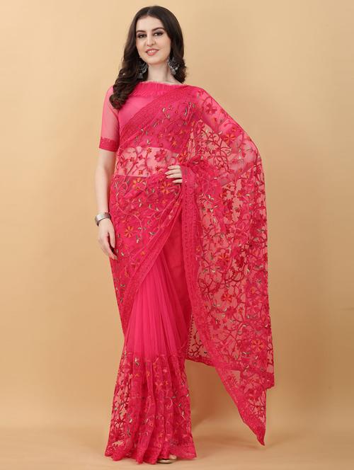 pink floral embroidered saree with blouse - 18790299 - Standard Image - 0