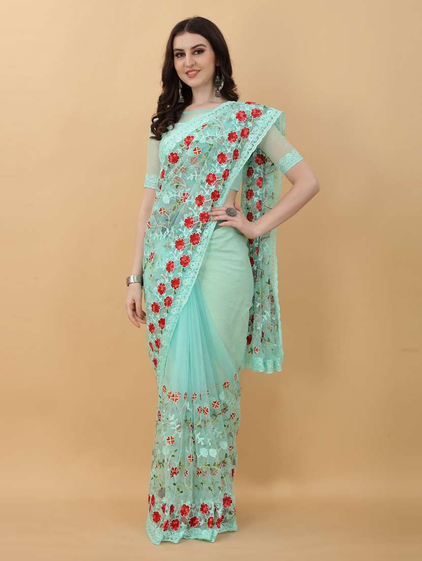light blue floral embroidered saree with blouse - 18790300 - Zoom Image - 0