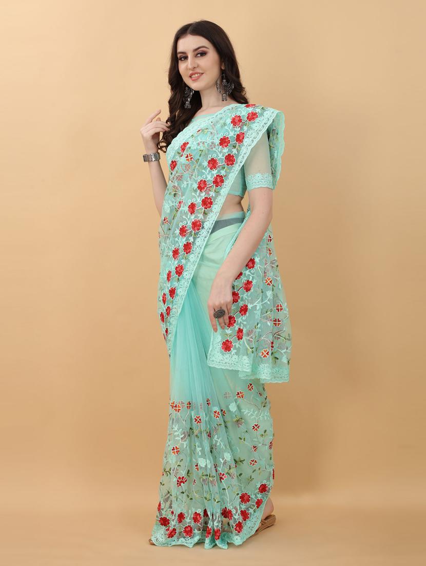 light blue floral embroidered saree with blouse - 18790300 - Standard Image - 1