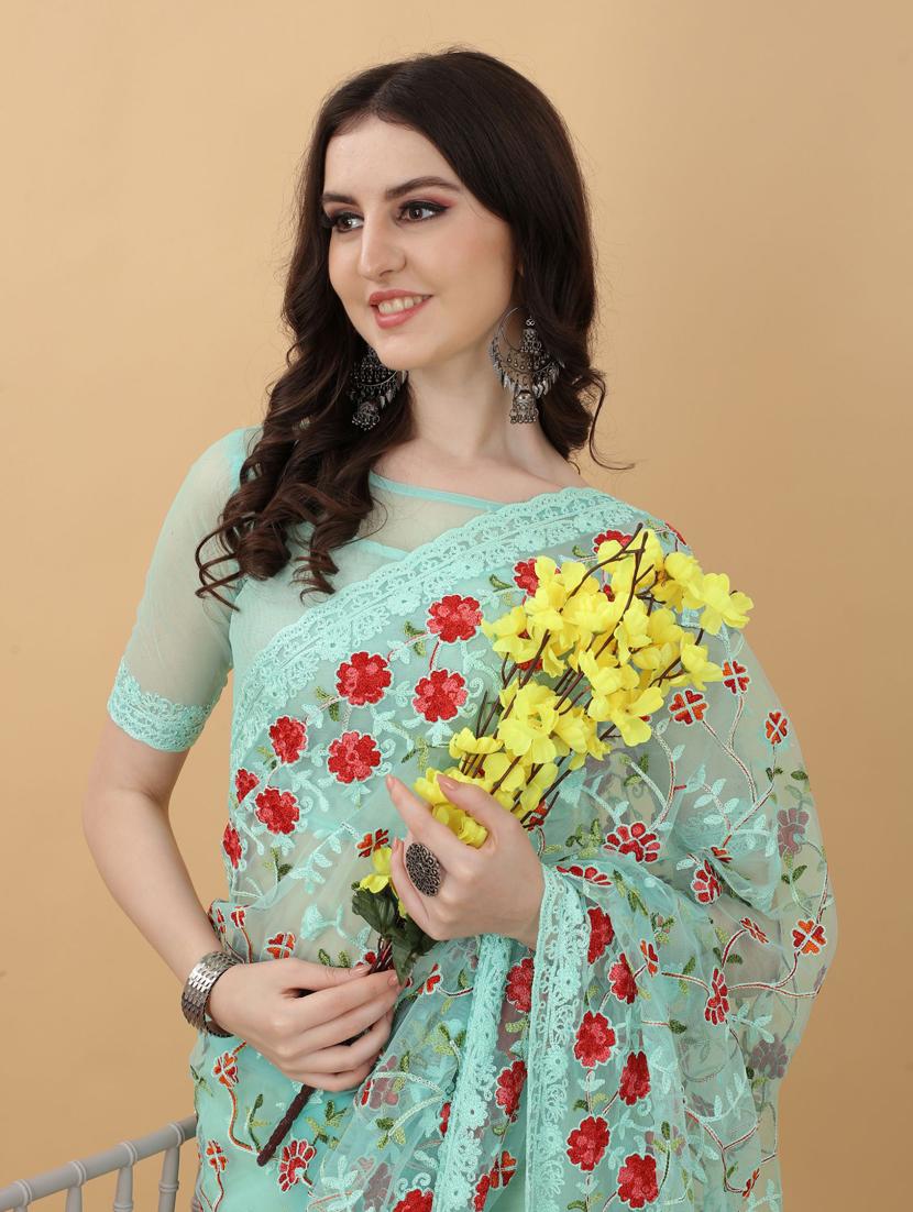 light blue floral embroidered saree with blouse - 18790300 - Standard Image - 4