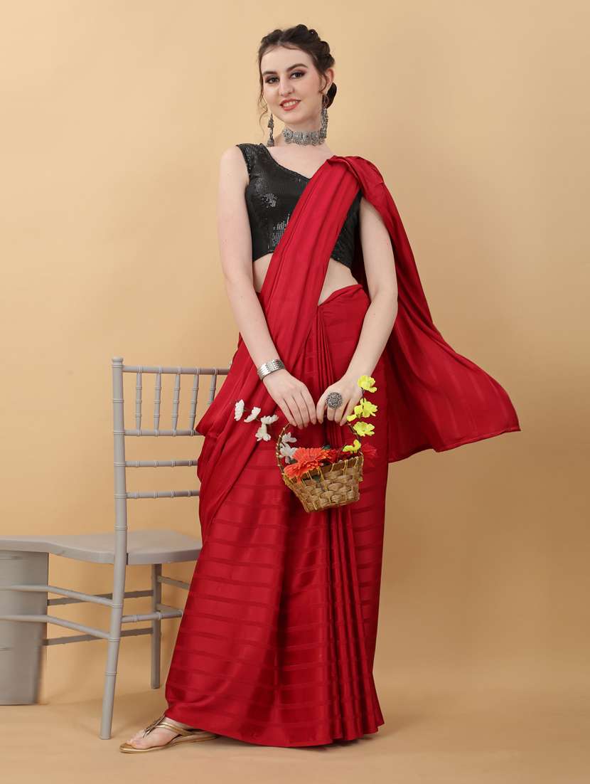 red satin plain saree with blouse
