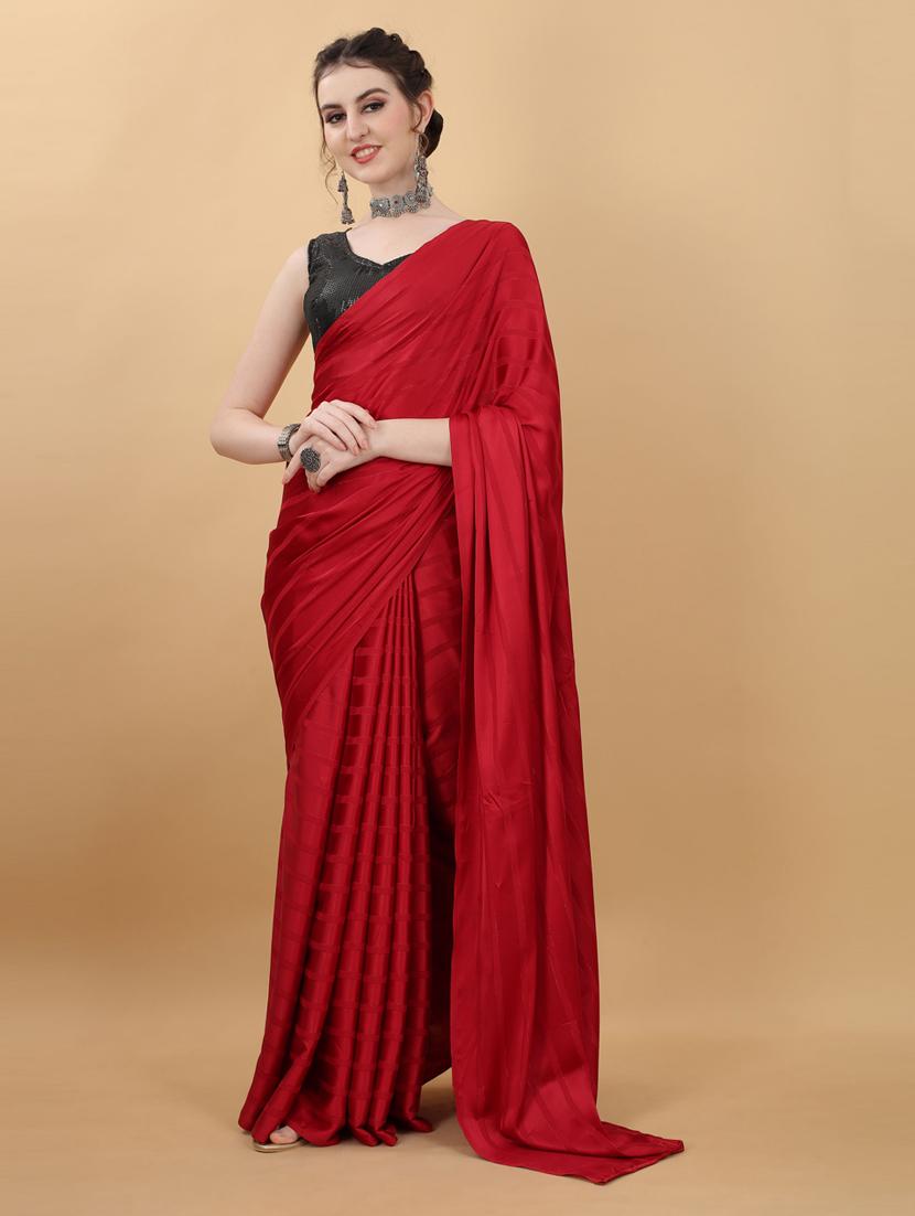 red satin plain saree with blouse - 18790305 -  Standard Image - 1