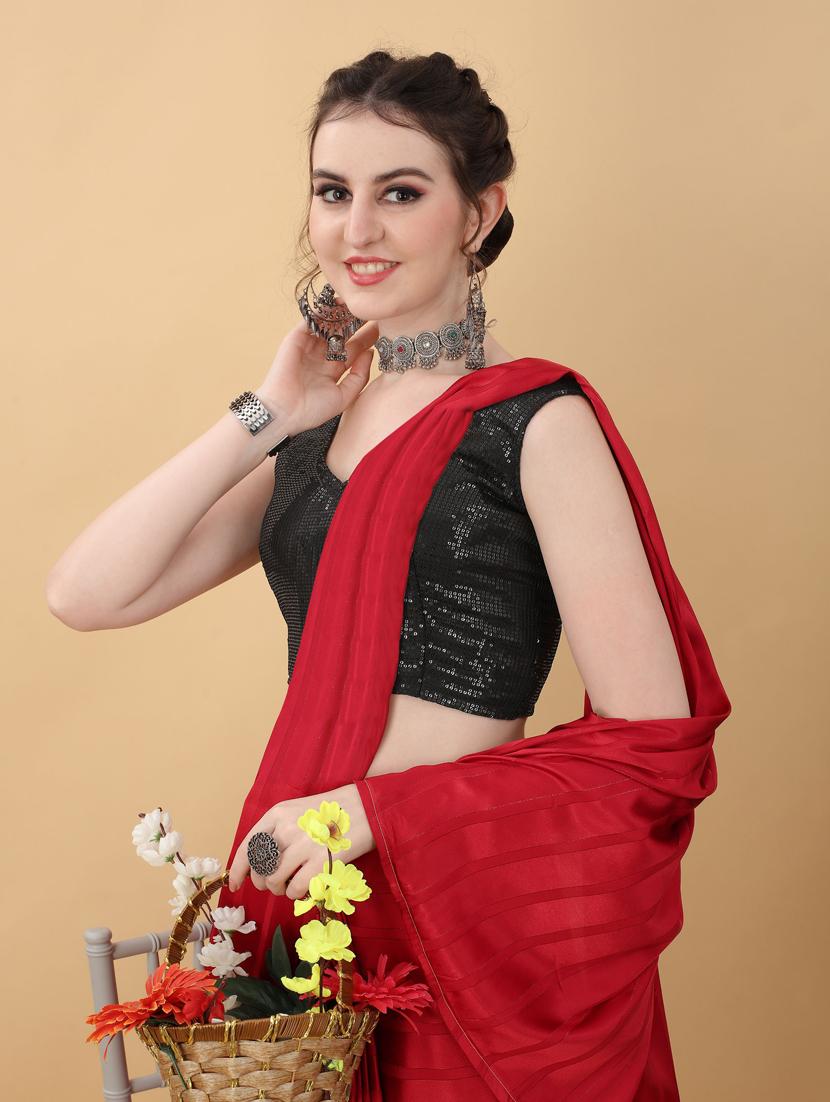 red satin plain saree with blouse - 18790305 - Standard Image - 4