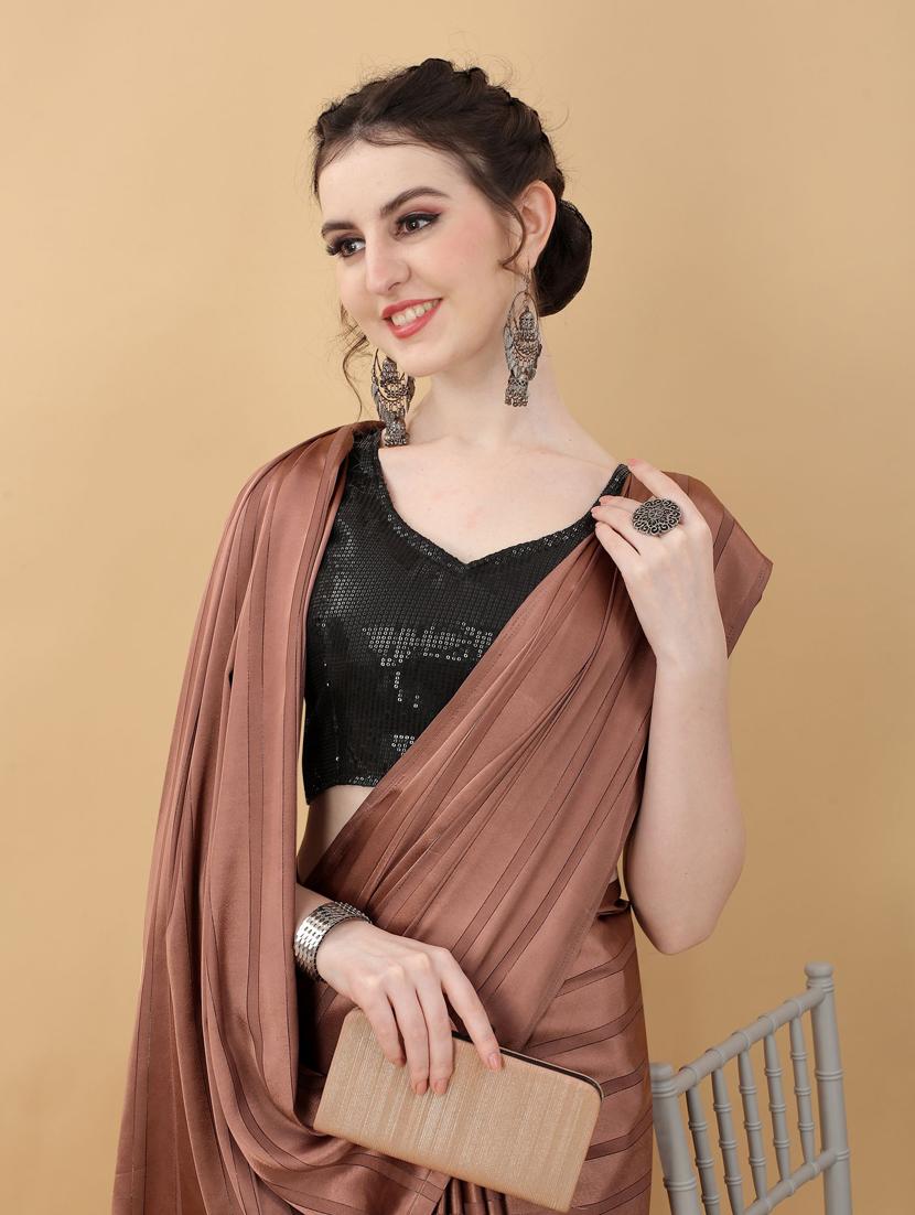 brown plain saree with blouse - 18790306 - Standard Image - 4