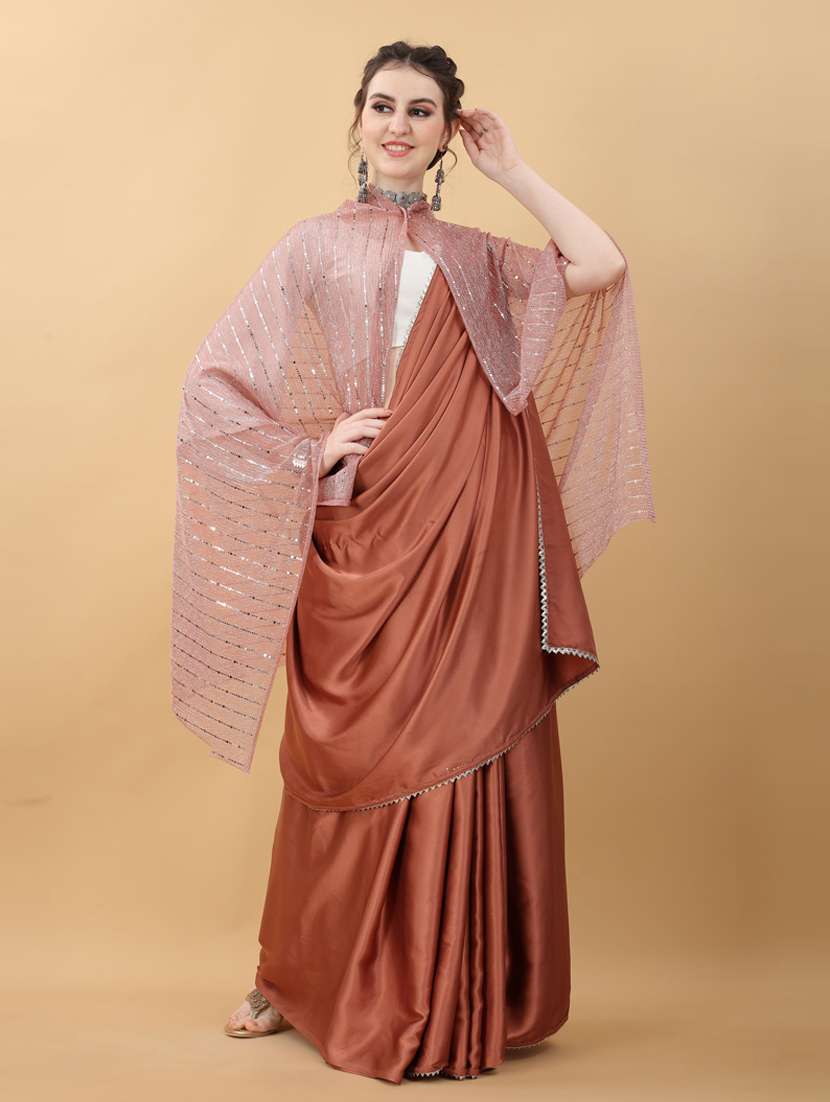 brown plain saree with koti with blouse