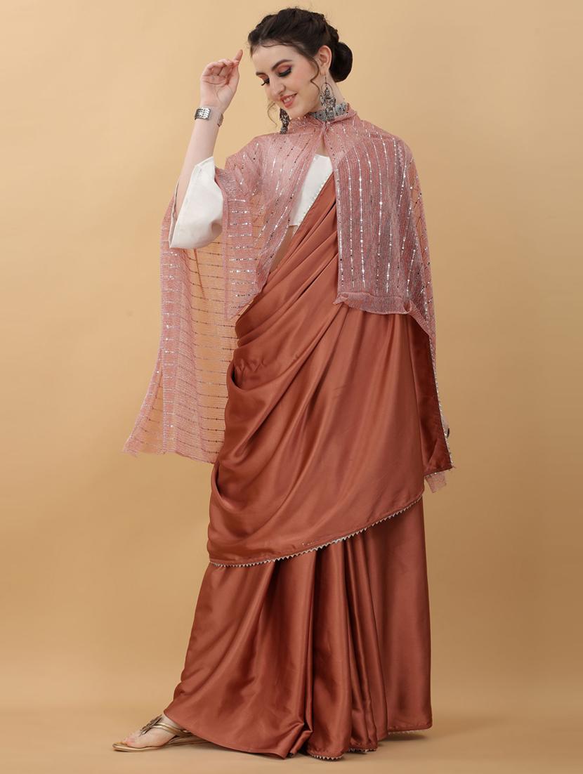 brown plain saree with koti with blouse - 18790316 - Standard Image - 1