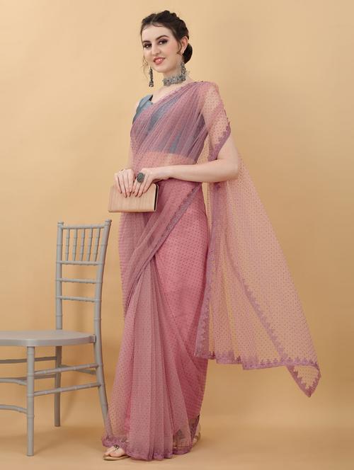 pink lace bordered net saree with blouse - 18790318 -  Standard Image - 0