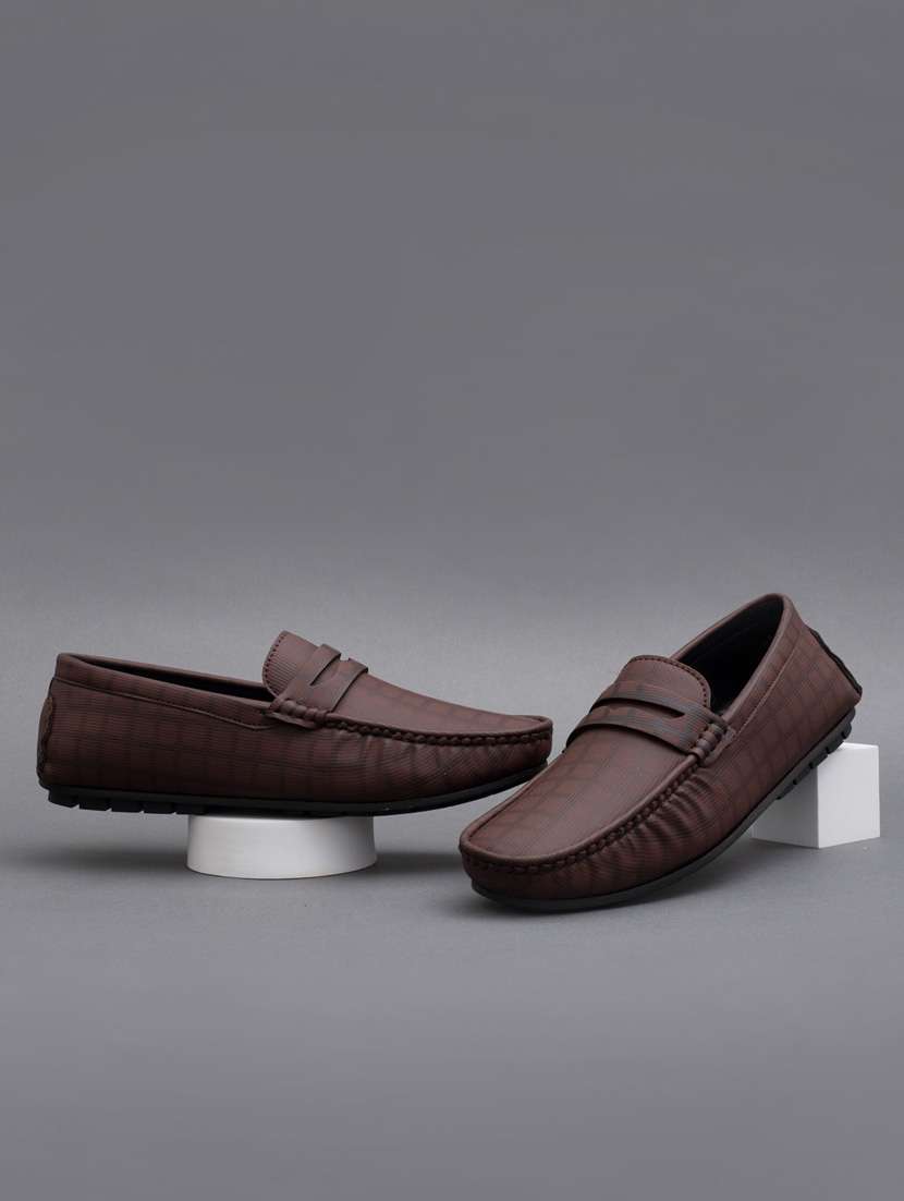 brown synthetic slip on loafers