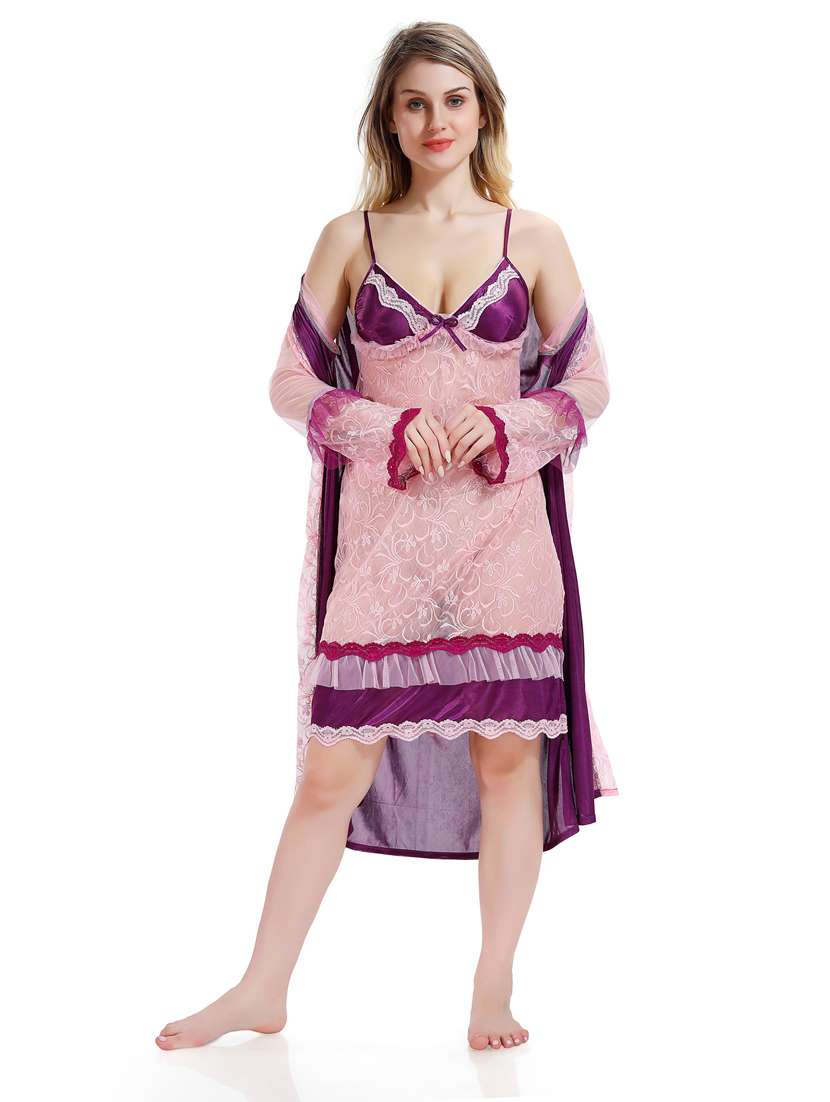 solid sleepwear robe with babydoll set 