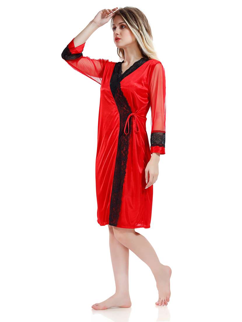 multi colored solid sleepwear robe with babydoll set - 18801286 - Standard Image - 1