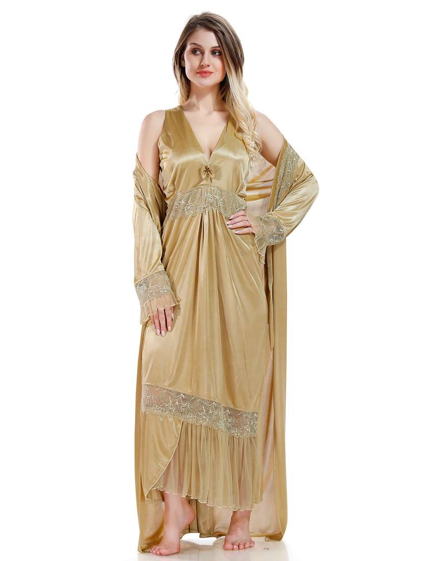 golden solid sleepwear robe with nighty set 