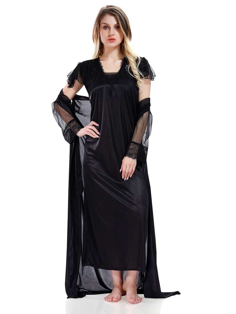 black solid sleepwear robe with nighty set 