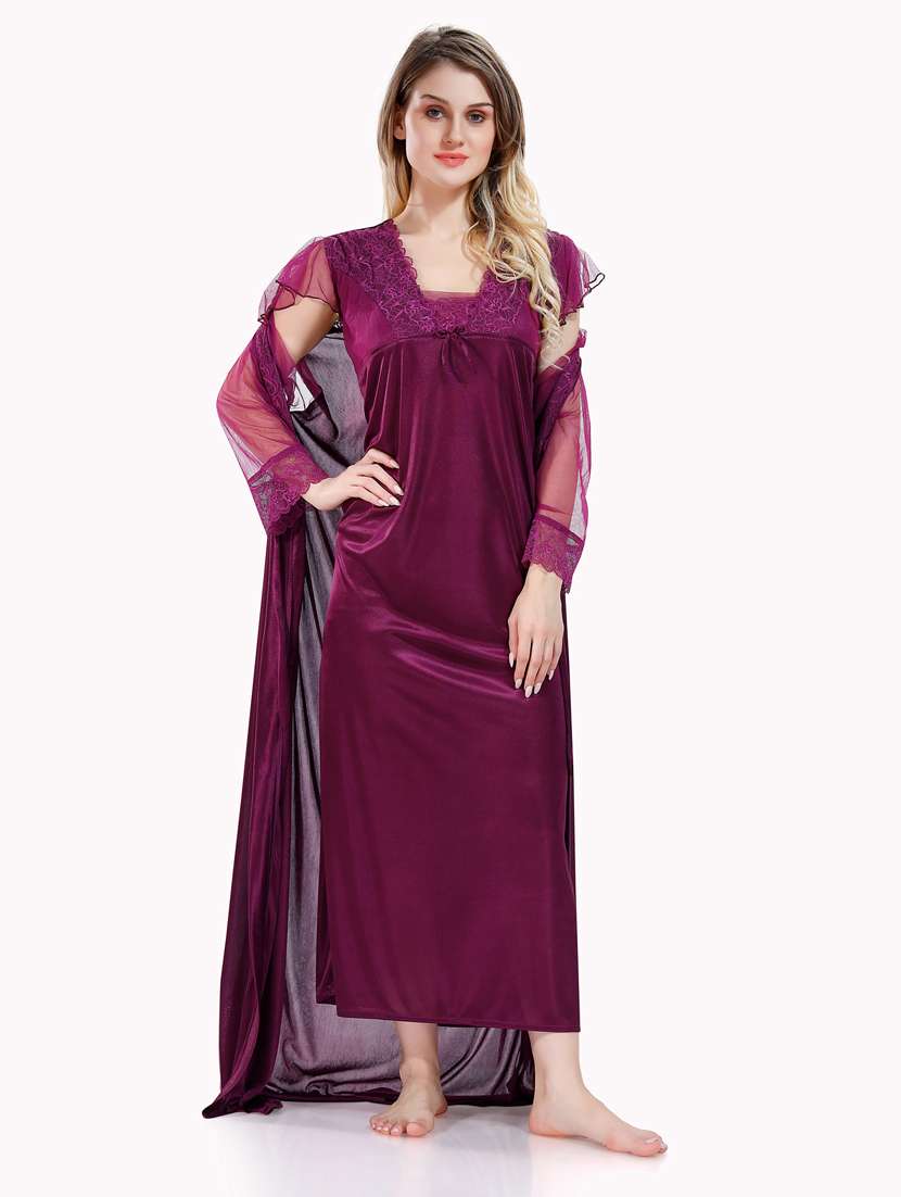 purple solid sleepwear robe with nighty set 
