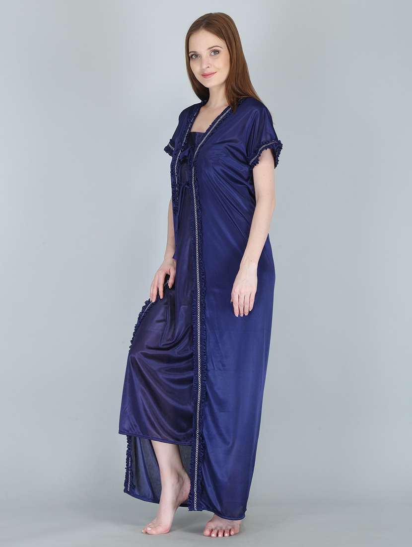 navy blue solid sleepwear robe with nighty set - 18801313 - Standard Image - 1