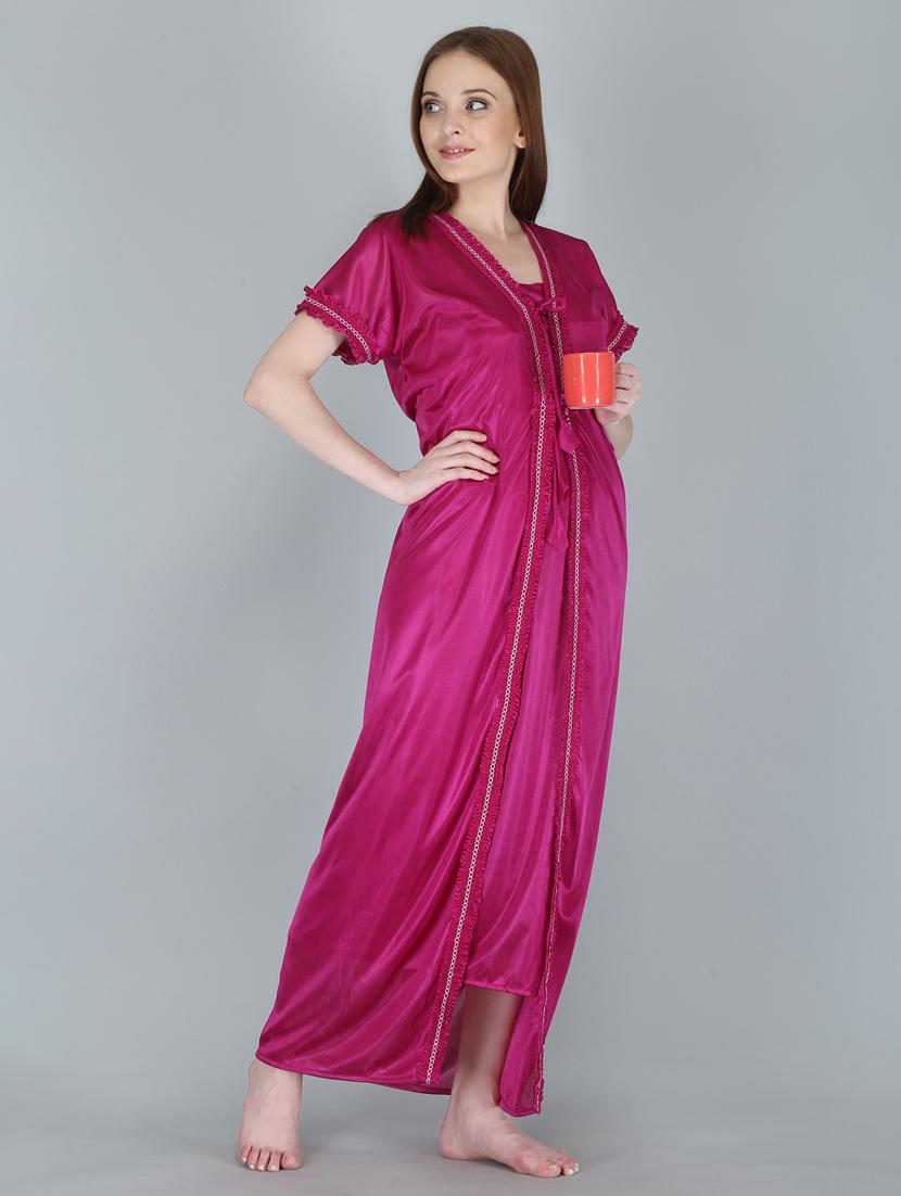 magenta solid sleepwear robe with nighty set  - 18801318 -  Standard Image - 1