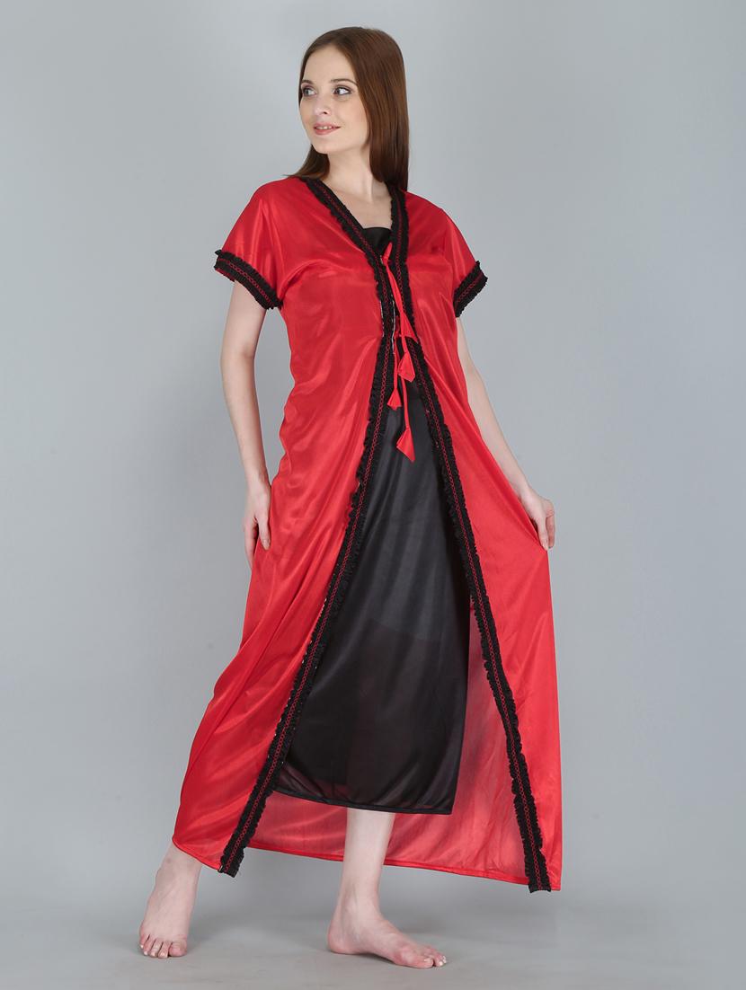 solid sleepwear robe with nighty set - 18801322 - Standard Image - 1