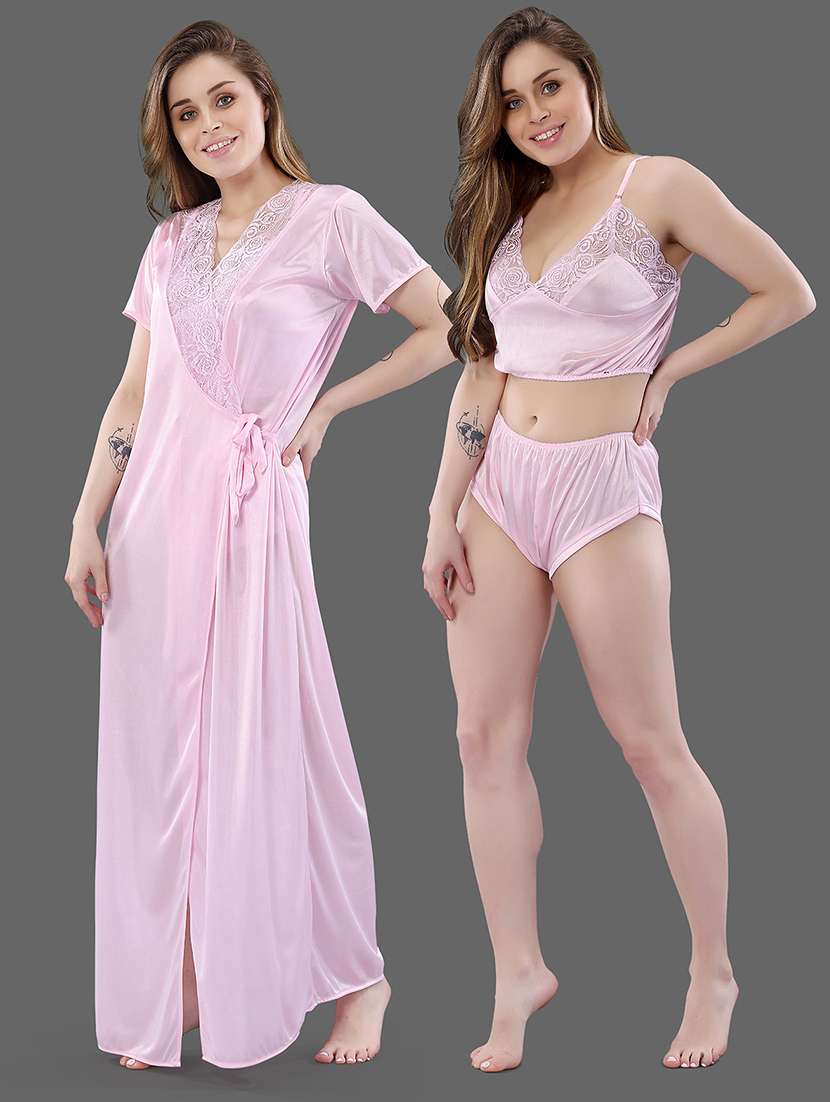 women solid pink nighty set - 18801327 -  Standard Image - 1
