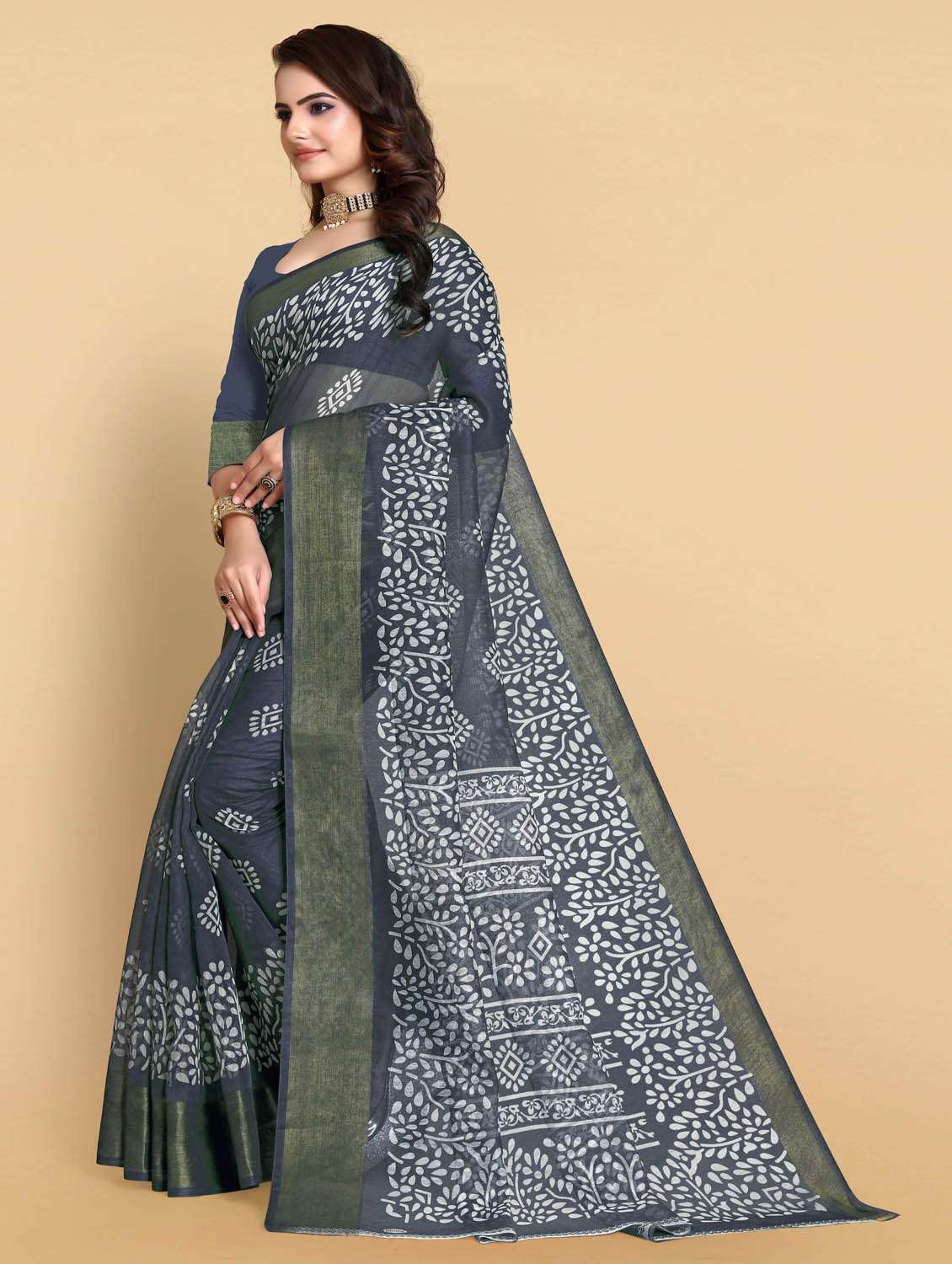 women's batik navy blue colored saree with blouse - 18801365 -  Standard Image - 1
